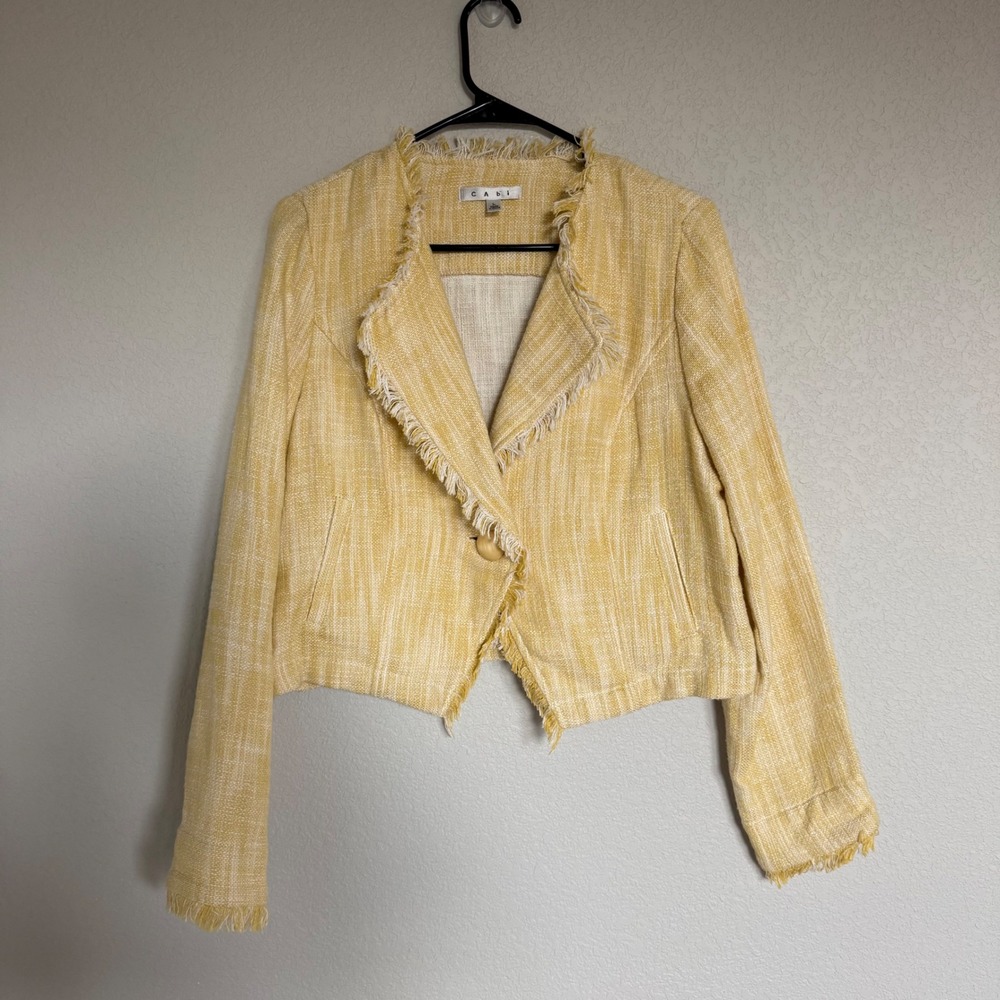 Cabi Tweed Textured Cotton Fringe Trim Blazer Butter Yellow Preppy Formal Career